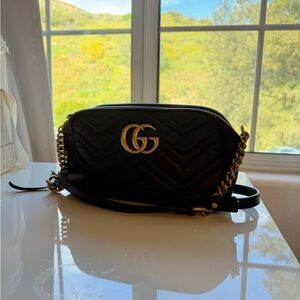 Gucci Black Chevron Crossbody Bag with Gold Accents